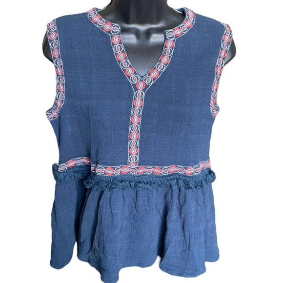 THML Blue Boho Cotton Embroidered Sleeveless Blouse Size M - Picture 1 of 8